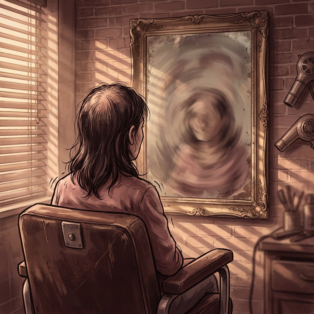 A woman sitting in a salon chair facing a mirror with thinning hair visible at the crown