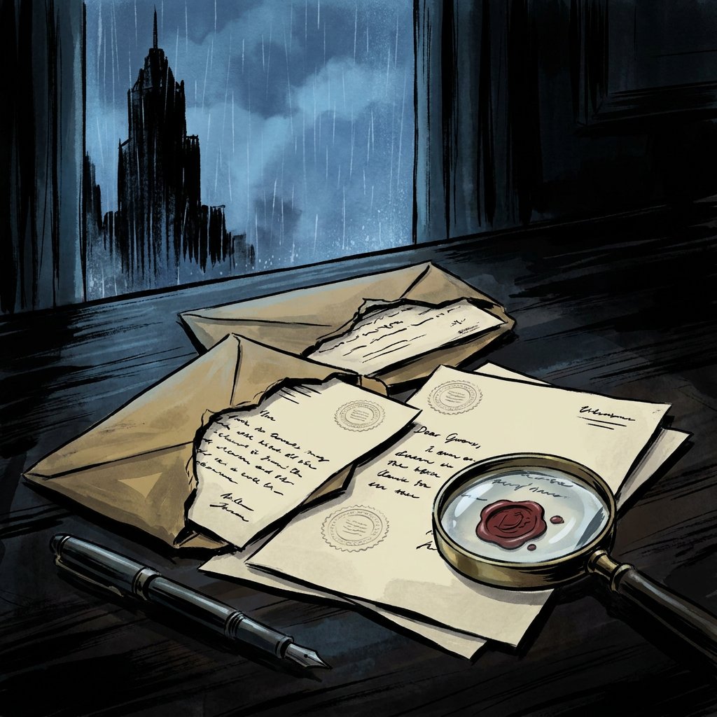 Three formal legal letters with red wax seals and an attorney's letterhead spread on a desk, magnifying glass and fountain pen in foreground, stormy city window in background