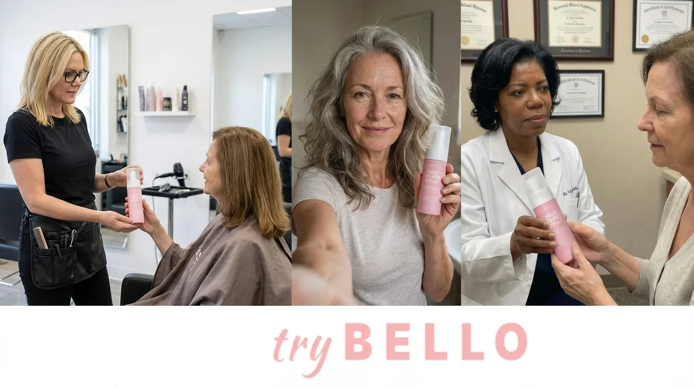 A 3-panel collage of real women using TryBello Hair Helper Spray, with the TryBello logo at the bottom