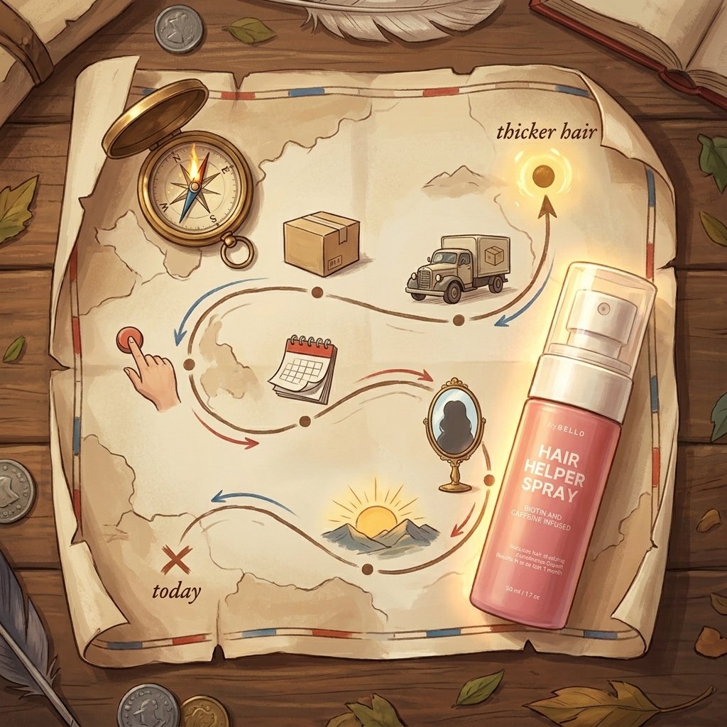 A vintage treasure map showing the path from 'today' to 'thicker hair', with the TryBello Hair Helper Spray bottle marking the route