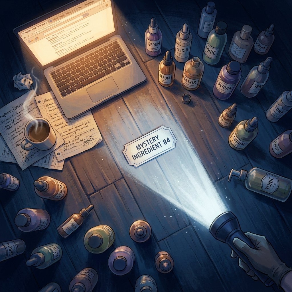 A late-night investigation scene with a laptop, scattered notes, dozens of unmarked serum bottles, and a flashlight illuminating a card reading 'Mystery Ingredient #4'