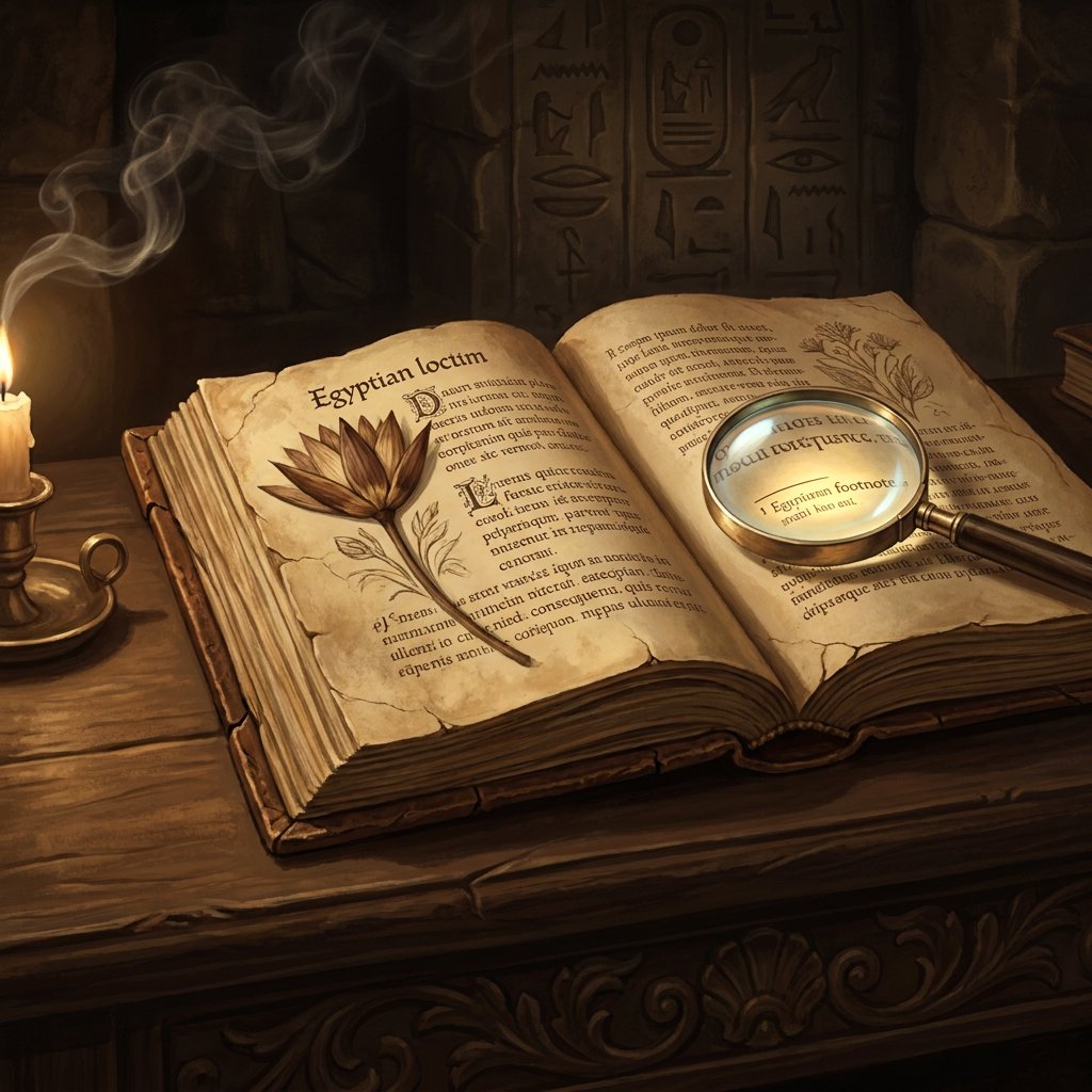 An ancient open book by candlelight with Egyptian hieroglyphs and a botanical sketch, magnifying glass over a footnote