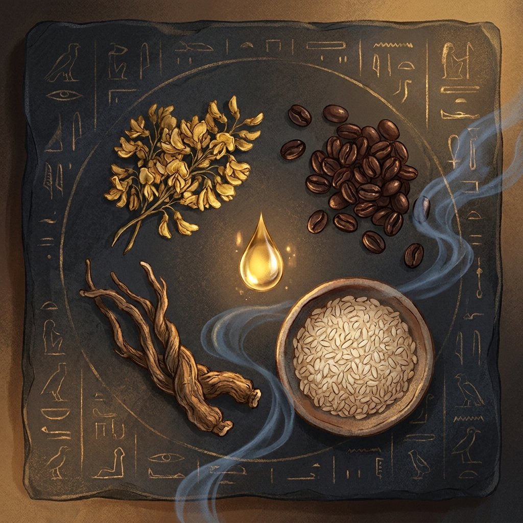 Four botanical ingredients laid out on a slate tablet with Egyptian hieroglyphs etched around the border: yellow flower, coffee beans, rice in a bowl, and angelica root