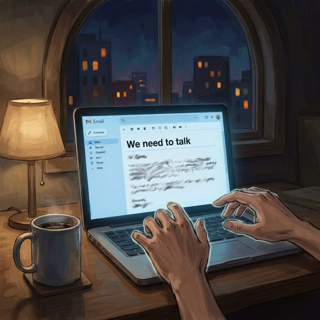 Hands typing on a laptop late at night with an email open titled 'We need to talk'