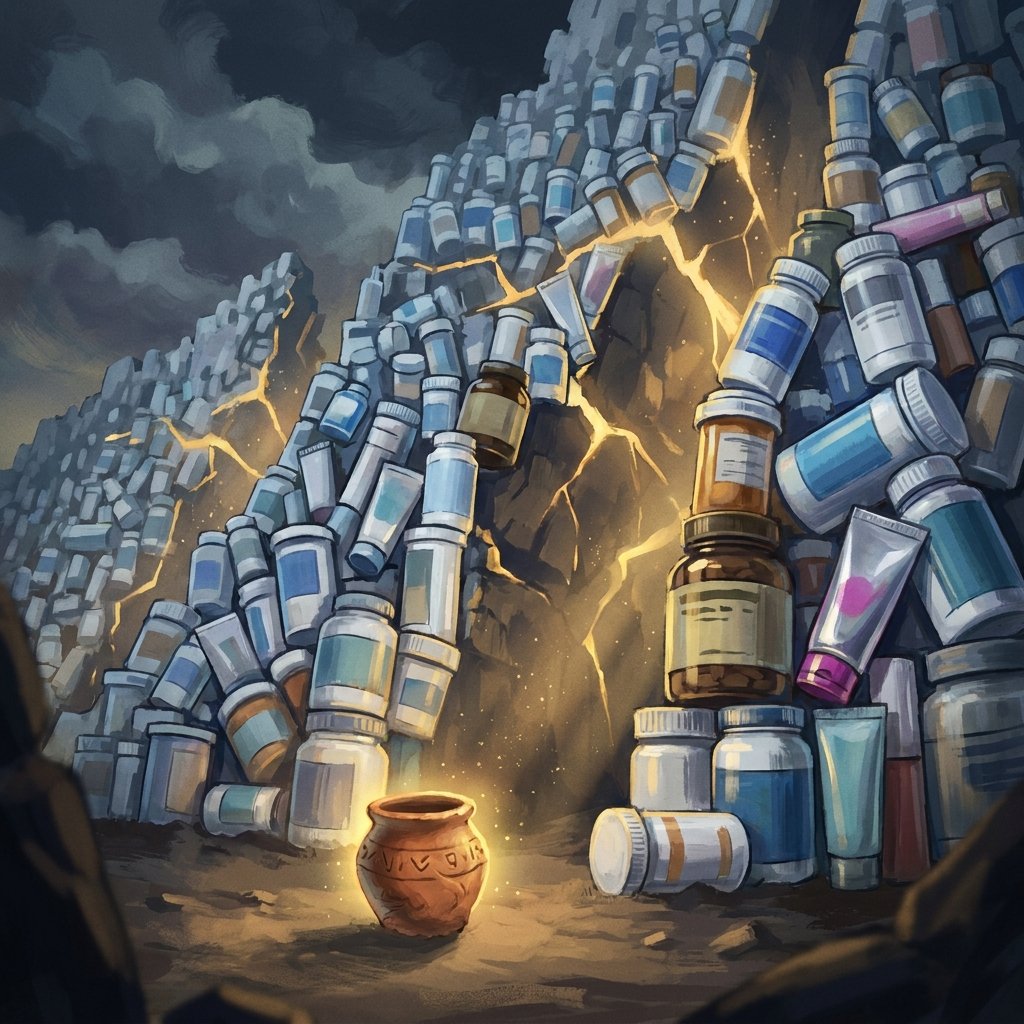A towering mountain of pill bottles, tubes, and serums against a stormy sky with a small glowing clay pot at the base symbolizing the ancient solution