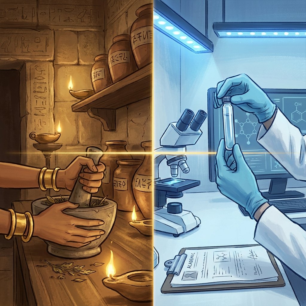 Split-screen image: left side shows ancient Egyptian apothecary grinding herbs with a mortar by candlelight, right side shows a modern lab with a scientist examining a vial under blue light