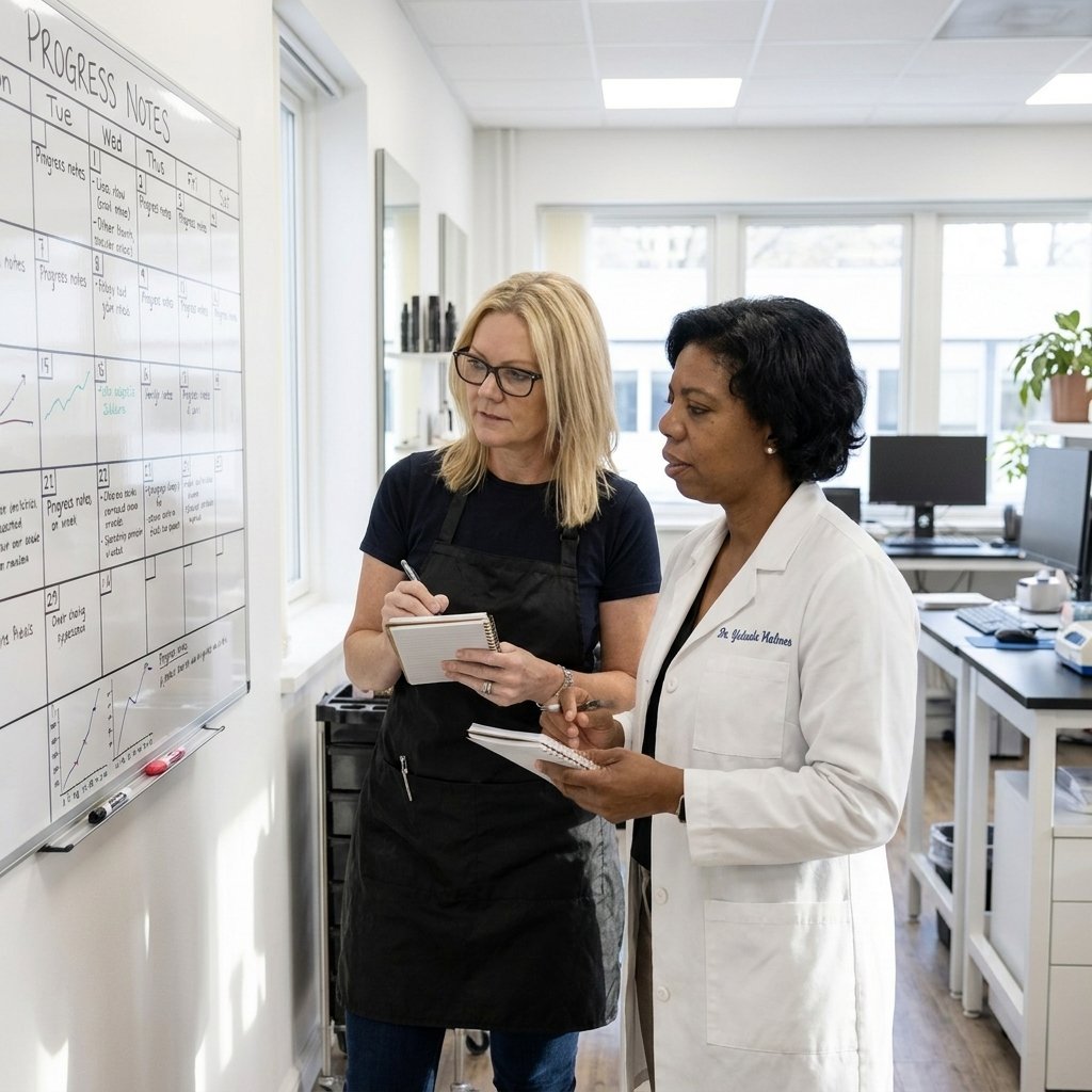 Lisa Renner and Dr. Holmes standing in front of a whiteboard labeled 'Progress Notes' tracking weekly observations